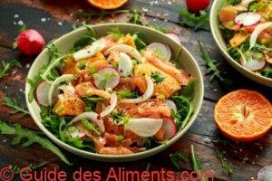 Salade de saumon fumé et fenouil, roquette sauvage, radis et clémentines douces
