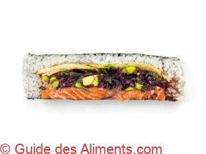 Vue de dessus du sushirrito taillé dans la longueur, sandwich au chou rouge, saumon, riz, edamame de haricots