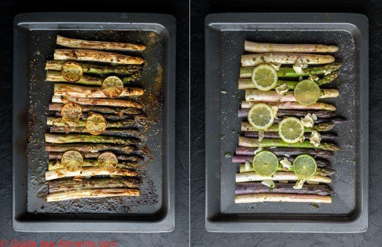 Pousses d'asperges blanches, violettes et vertes cuites au four et pr&ecirc;tes &agrave; cuire